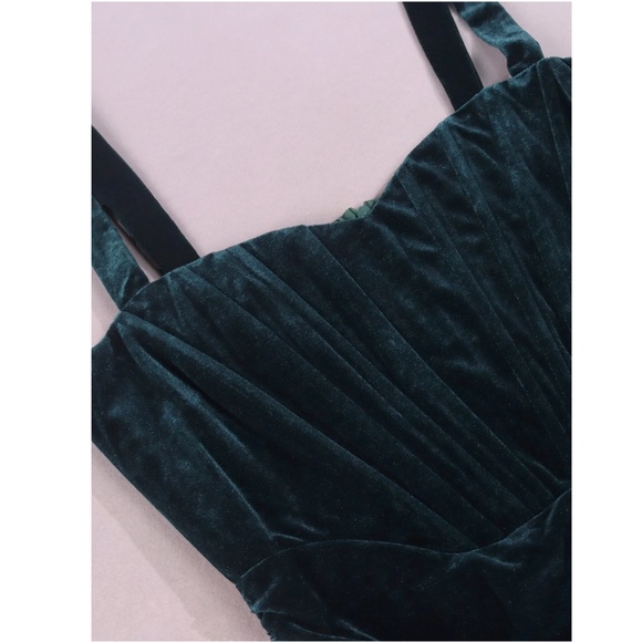 Corset Top Velvet Bodycon Mini Dress Dark Green Sweetheart Decollete Ruched - Picture 13 of 16